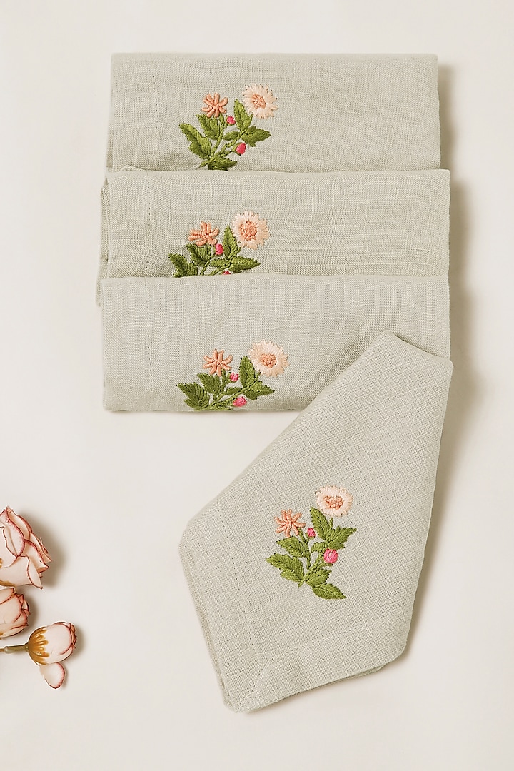 Grey Linen Floral Hand Embroidered Dinner Napkin Set by Design Gaatha at Pernia's Pop Up Shop