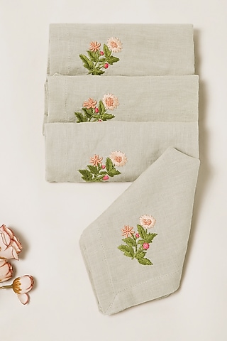 Grey Linen Floral Hand Embroidered Dinner Napkin Set by Design Gaatha