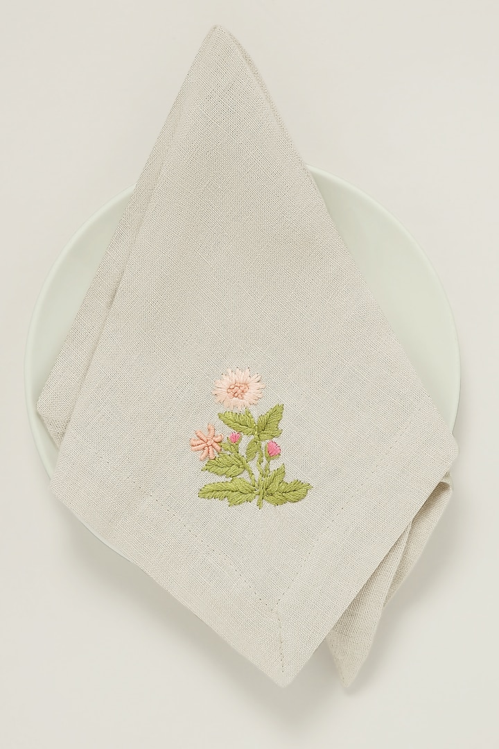Grey Linen Floral Hand Embroidered Dinner Napkin Set by Design Gaatha at Pernia's Pop Up Shop