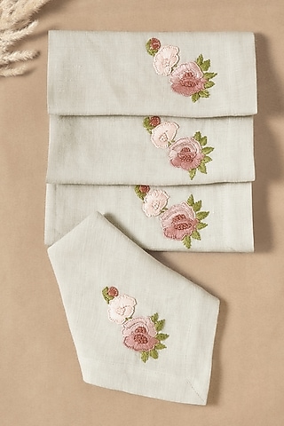 Grey Linen Floral Hand Embroidered Dinner Napkin Set by Design Gaatha