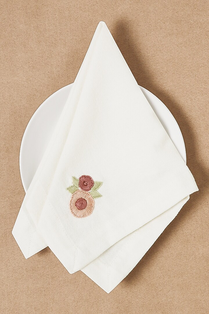 Cream Pure Cotton Floral Hand Embroidered Dinner Napkin Set by Design Gaatha at Pernia's Pop Up Shop