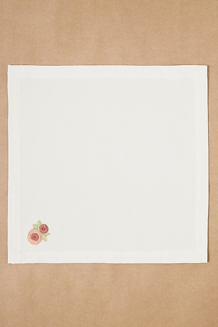 Cream Pure Cotton Floral Hand Embroidered Dinner Napkin Set by Design Gaatha at Pernia's Pop Up Shop