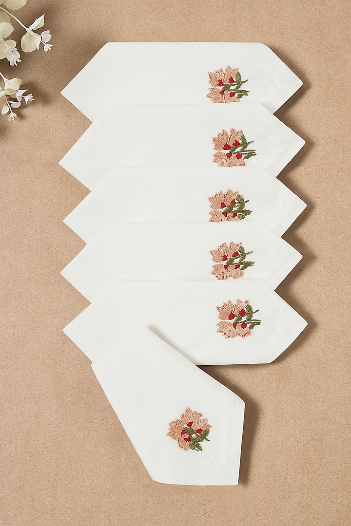 Cream Pure Cotton Floral Hand Embroidered Dinner Napkin Set by Design Gaatha at Pernia's Pop Up Shop