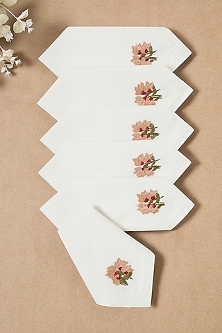 Cream Pure Cotton Floral Hand Embroidered Dinner Napkin Set by Design Gaatha