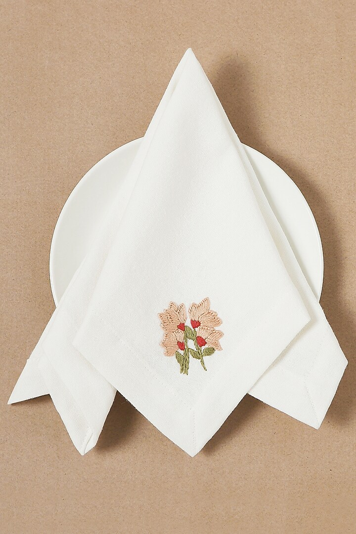 Cream Pure Cotton Floral Hand Embroidered Dinner Napkin Set by Design Gaatha at Pernia's Pop Up Shop
