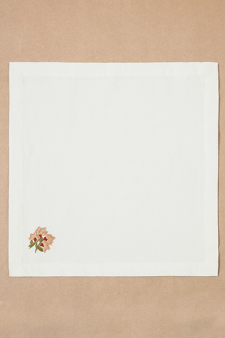 Cream Pure Cotton Floral Hand Embroidered Dinner Napkin Set by Design Gaatha at Pernia's Pop Up Shop