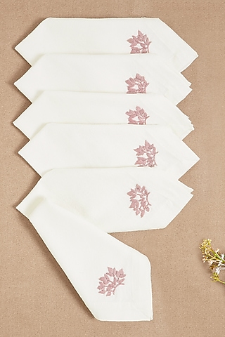 Cream Pure Cotton Floral Hand Embroidered Dinner Napkin Set by Design Gaatha