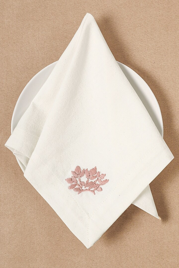 Cream Pure Cotton Floral Hand Embroidered Dinner Napkin Set by Design Gaatha at Pernia's Pop Up Shop