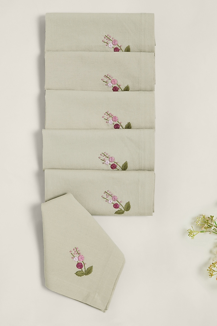 Beige Pure Cotton Floral Hand Embroidered Dinner Napkin Set by Design Gaatha at Pernia's Pop Up Shop