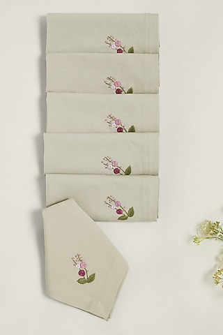 Beige Pure Cotton Floral Hand Embroidered Dinner Napkin Set by Design Gaatha