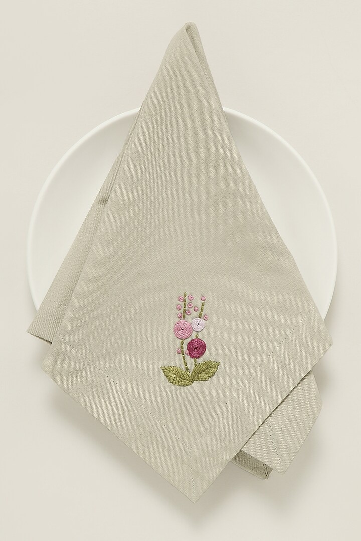 Beige Pure Cotton Floral Hand Embroidered Dinner Napkin Set by Design Gaatha at Pernia's Pop Up Shop