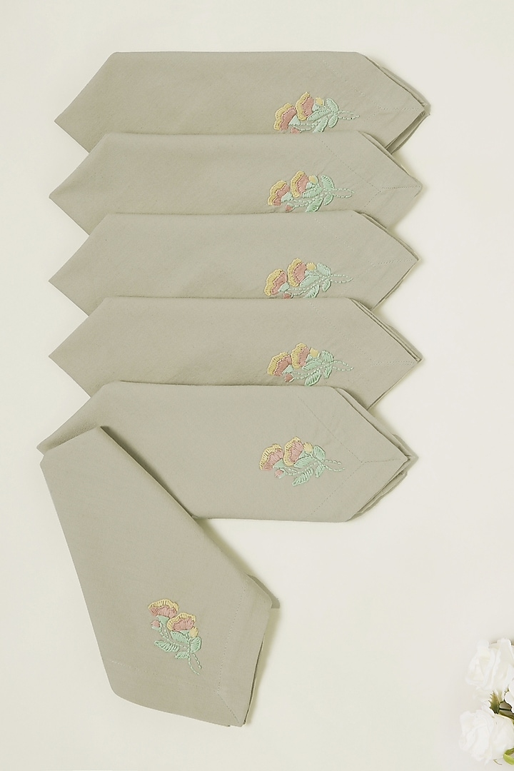 Beige Pure Cotton Floral Hand Embroidered Dinner Napkin Set by Design Gaatha