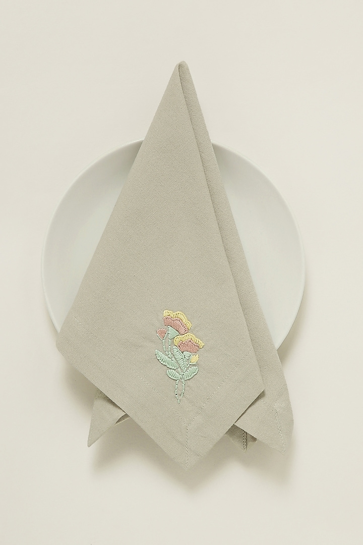 Beige Pure Cotton Floral Hand Embroidered Dinner Napkin Set by Design Gaatha at Pernia's Pop Up Shop
