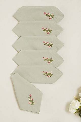 Beige Pure Cotton Floral Hand Embroidered Dinner Napkin Set by Design Gaatha