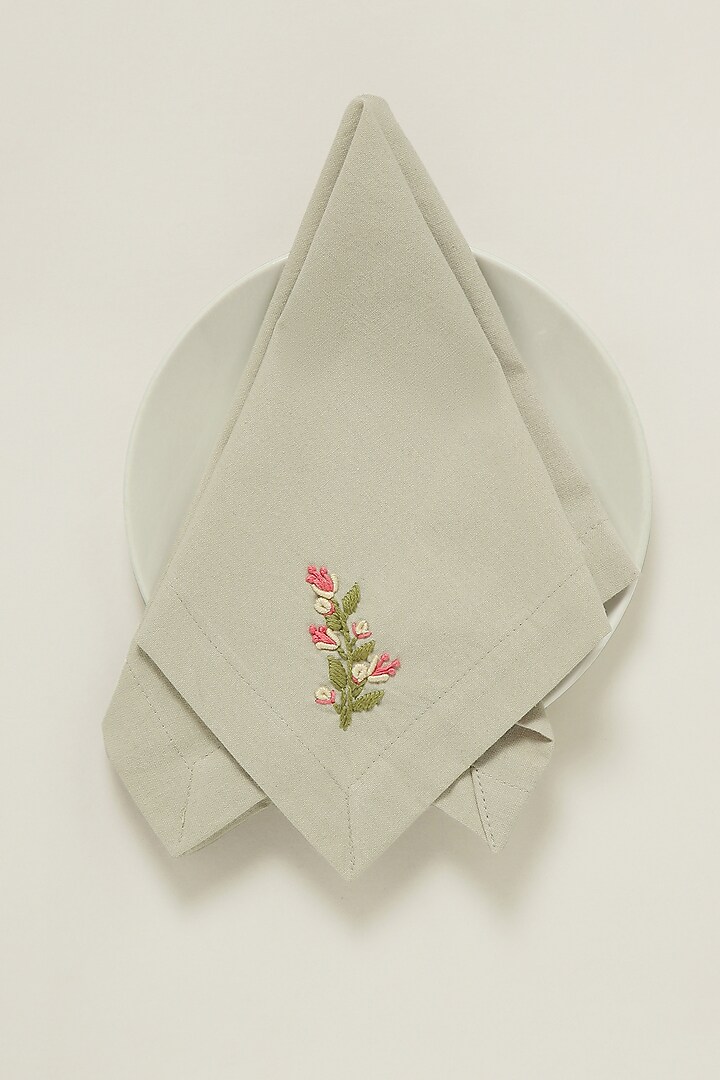 Beige Pure Cotton Floral Hand Embroidered Dinner Napkin Set by Design Gaatha at Pernia's Pop Up Shop