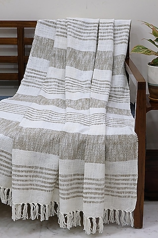 Cream & Light Brown Cotton Handwoven Throw by Design Gaatha