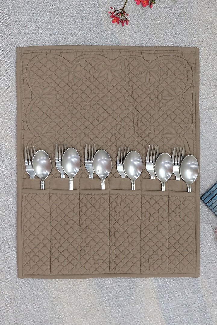 Beige Cotton Quilted Cutlery Case Set by Design Gaatha