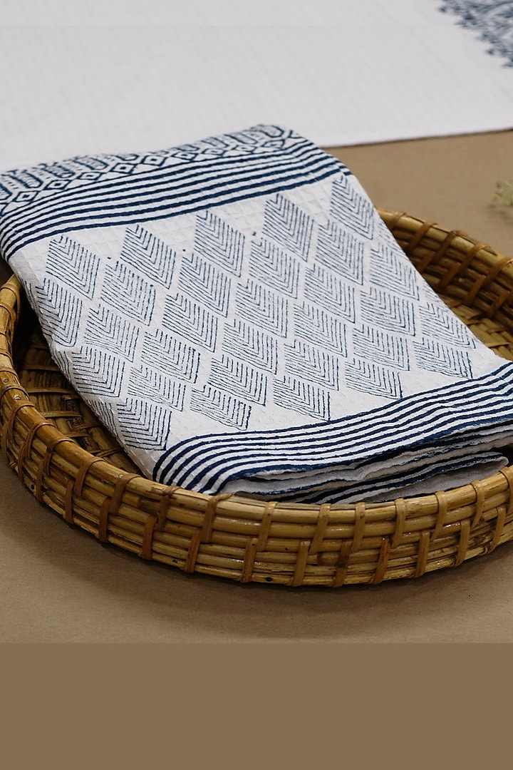 White & Indigo Cotton Dobby Hand Block Printed Bath Towel Set by Design Gaatha at Pernia's Pop Up Shop