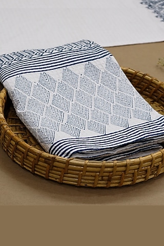 White & Indigo Cotton Dobby Hand Block Printed Bath Towel Set by Design Gaatha