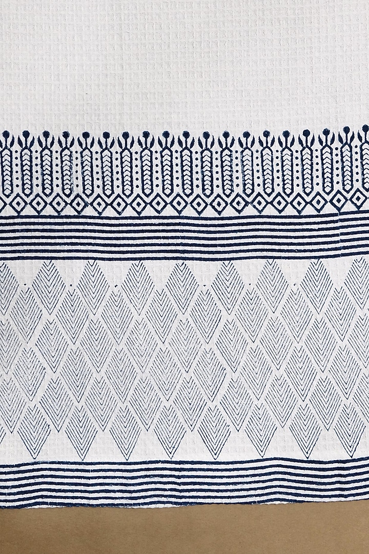 White & Indigo Cotton Dobby Hand Block Printed Bath Towel Set by Design Gaatha at Pernia's Pop Up Shop