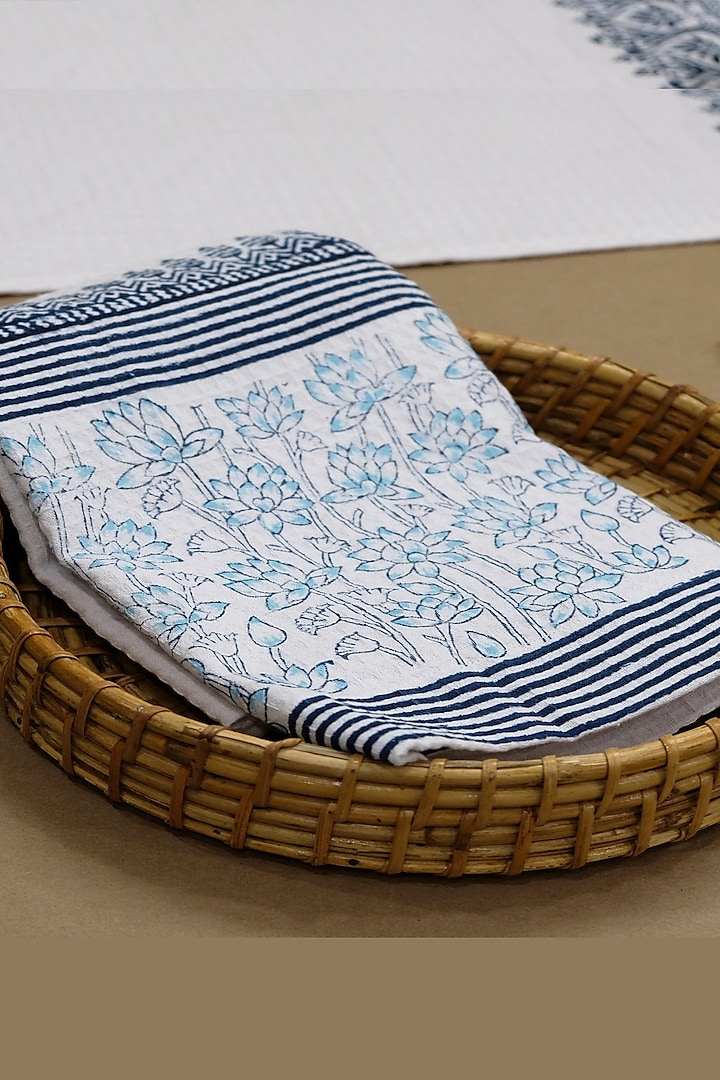 White & Indigo Cotton Dobby Hand Block Printed Bath Towel Set by Design Gaatha at Pernia's Pop Up Shop