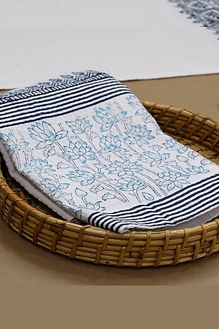 White & Indigo Cotton Dobby Hand Block Printed Bath Towel Set by Design Gaatha