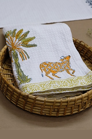 White & Green Cotton Dobby Hand Block Printed Bath Towel Set by Design Gaatha