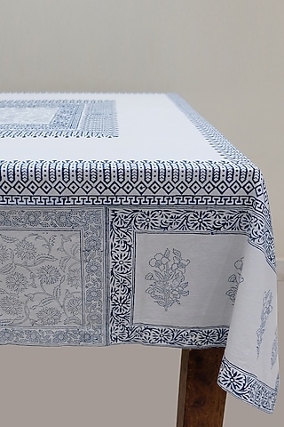 White & Indigo Cotton Hand Block Printed Table cloth by Design Gaatha