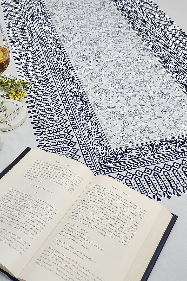 White & Indigo Cotton Hand Block Printed Table cloth by Design Gaatha at Pernia's Pop Up Shop