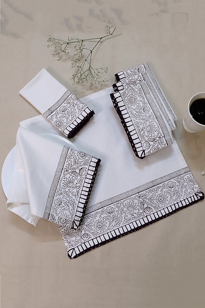 Off-White & Brown Cotton Hand Block Printed Table Napkins Set by Design Gaatha at Pernia's Pop Up Shop