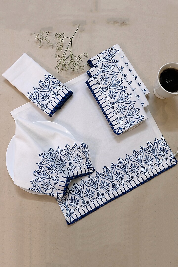 Off-White & Indigo Cotton Hand Block Printed Table Napkins Set by Design Gaatha at Pernia's Pop Up Shop