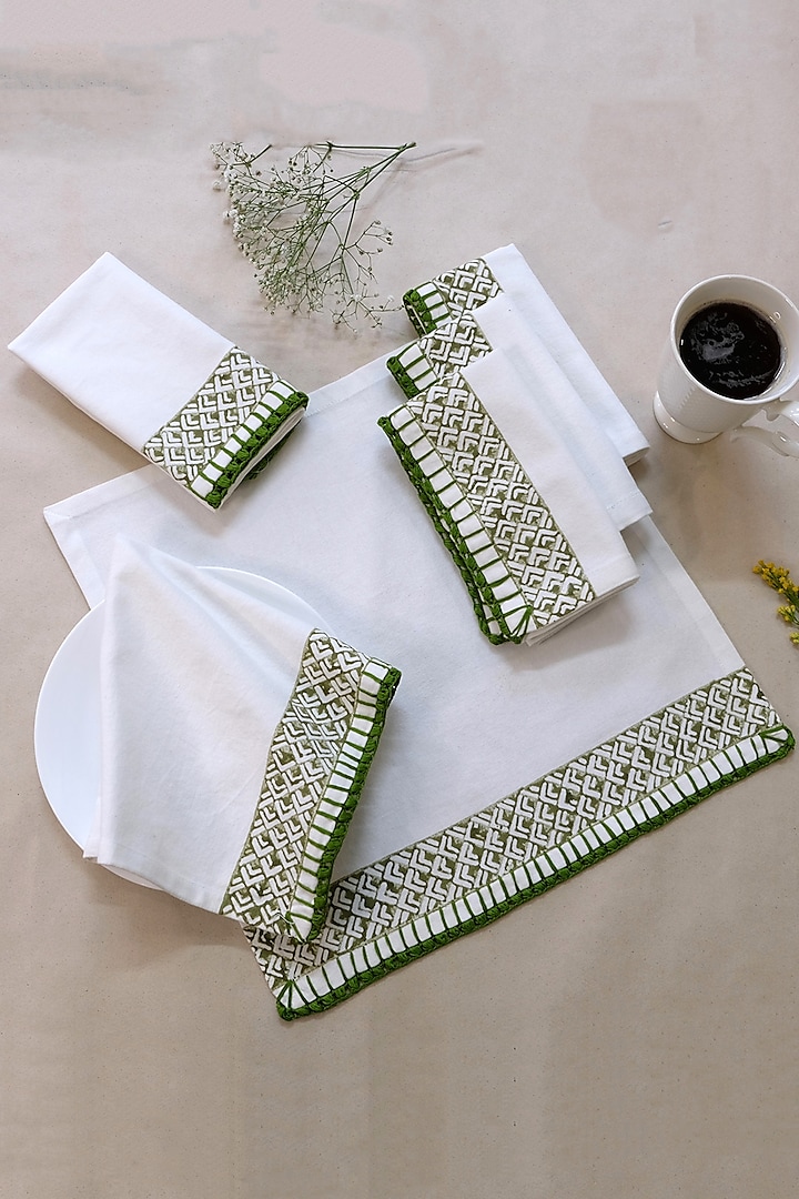 Off-White & Olive Cotton Hand Block Printed Table Napkins Set by Design Gaatha at Pernia's Pop Up Shop