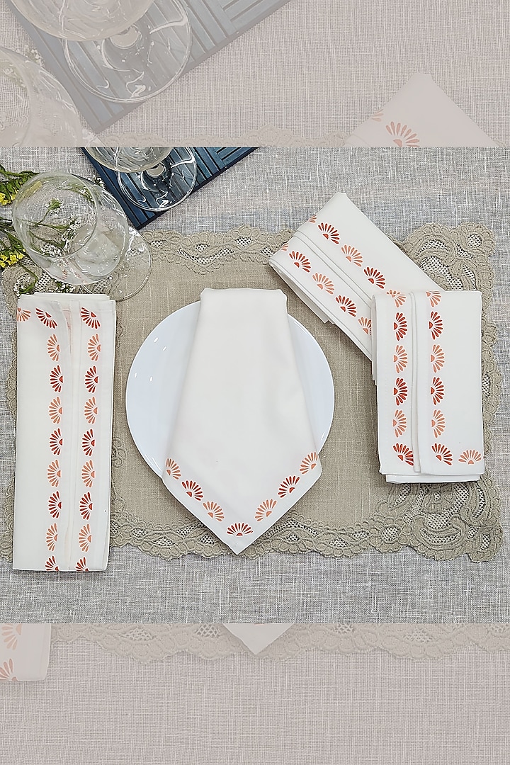 Off-White & Coral Cotton Floral Printed Table Napkin Set by Design Gaatha at Pernia's Pop Up Shop