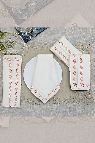 Off-White & Coral Cotton Floral Printed Table Napkin Set by Design Gaatha
