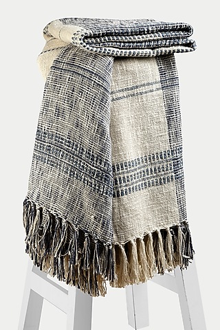 Cream & Beige Cotton Stripes Handloom Woven Bedcover by Design Gaatha