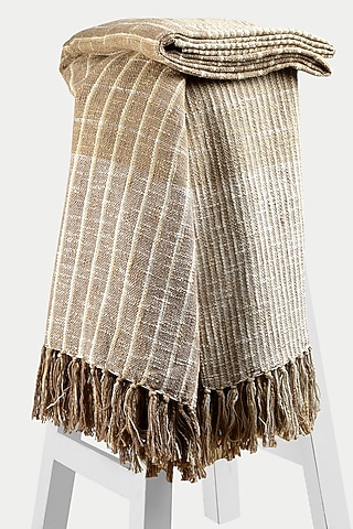 Beige Cotton Checks & Stripes Handloom Woven Bedcover by Design Gaatha