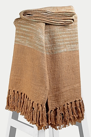 Light Brown & Sage Green Cotton Handloom Woven Bedcover by Design Gaatha