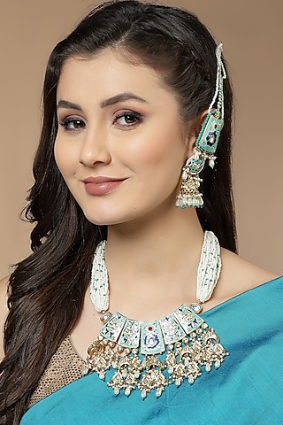 Gold Finish Kundan Polki & Pearl Necklace Set by Dugran By Dugristyle