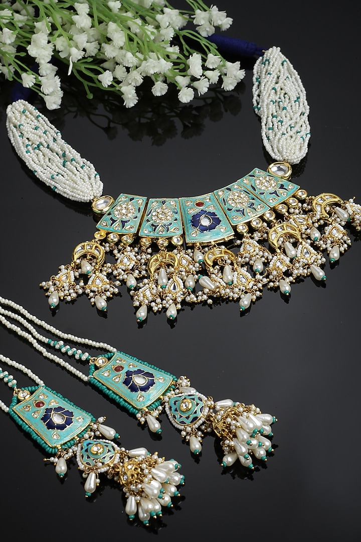 Gold Finish Kundan Polki & Pearl Necklace Set by Dugran By Dugristyle at Pernia's Pop Up Shop