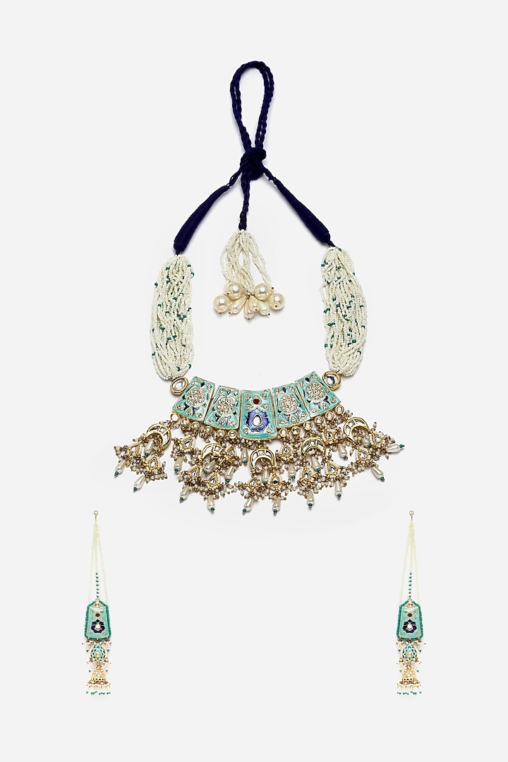 Gold Finish Kundan Polki & Pearl Necklace Set by Dugran By Dugristyle at Pernia's Pop Up Shop