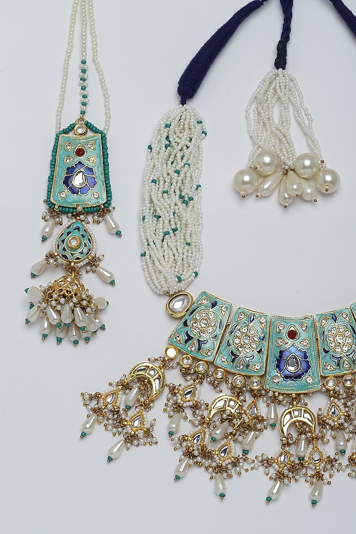 Gold Finish Kundan Polki & Pearl Necklace Set by Dugran By Dugristyle at Pernia's Pop Up Shop