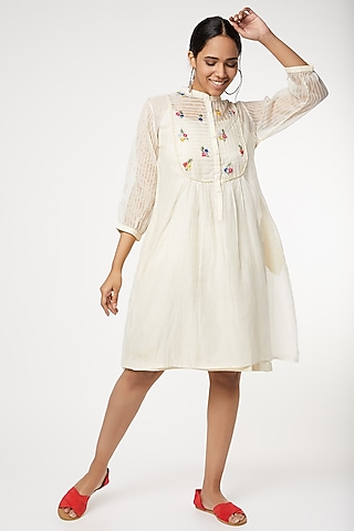 Beige Hand Woven Embroidered Dress by Dhaari By Deepika