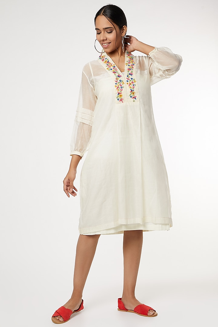 Beige Cotton Silk Embroidered Dress by Dhaari By Deepika