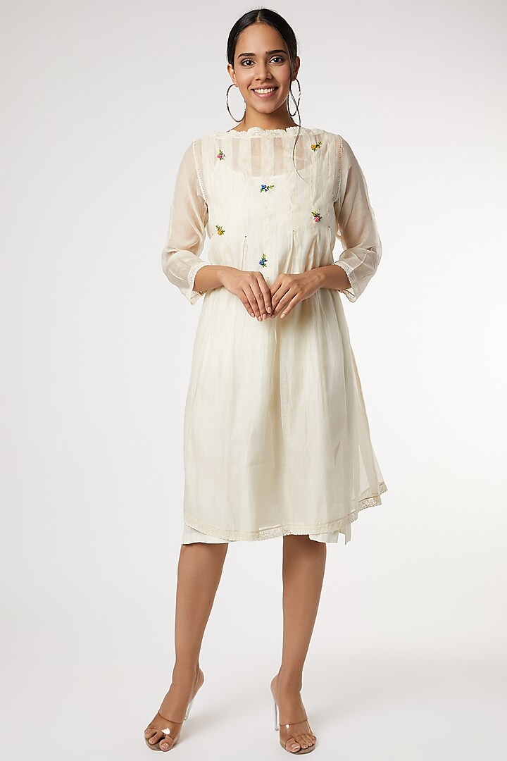 Beige Cotton Silk Dress by Dhaari By Deepika