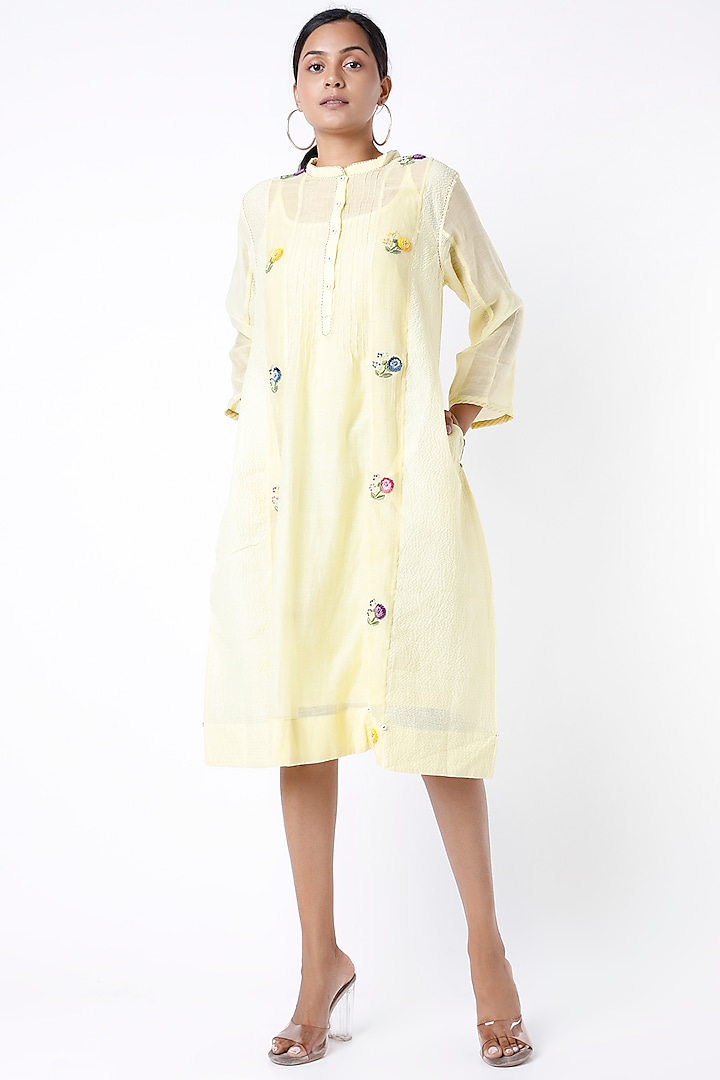 Yellow Kantha Hand Embroidered Tunic by Dhaari By Deepika