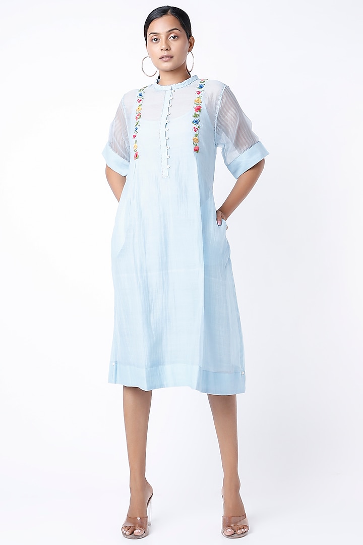 Sky Blue Kantha Hand Embroidered Tunic by Dhaari By Deepika