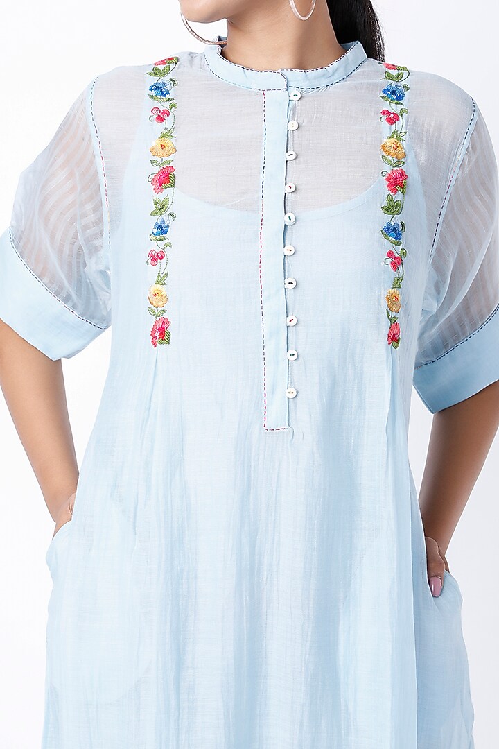 Sky Blue Kantha Hand Embroidered Tunic by Dhaari By Deepika at Pernia's Pop Up Shop