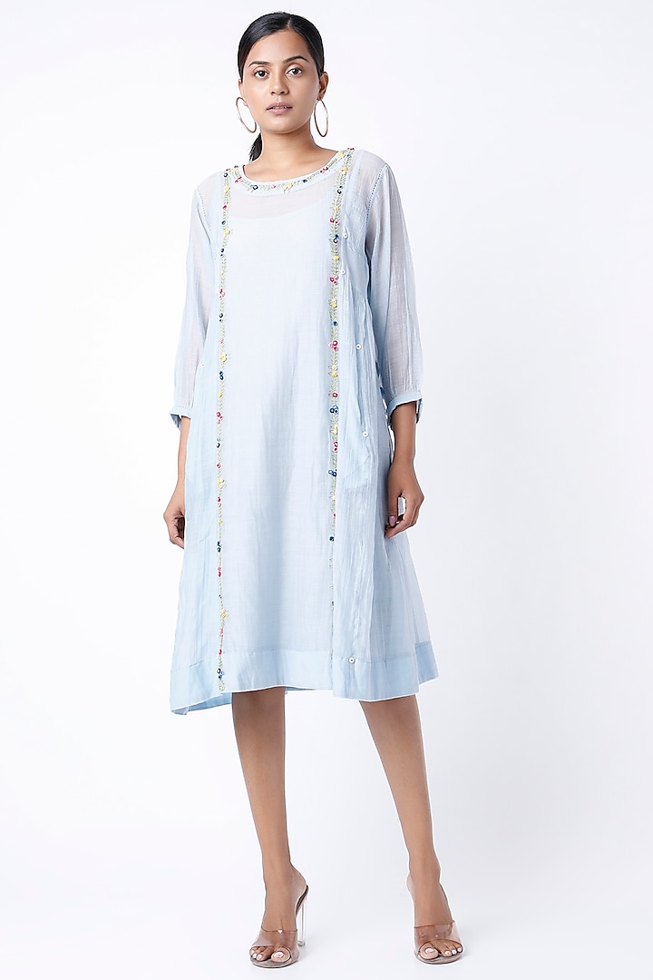 Sky Blue Embroidered Tunic by Dhaari By Deepika