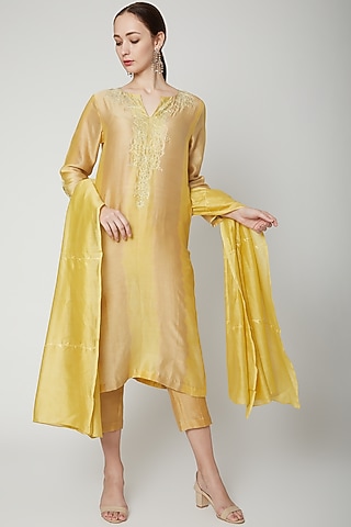 Yellow Embroidered Kurta Set by Dharai