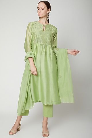 Lime Green Embroidered Kurta Set by Dharai